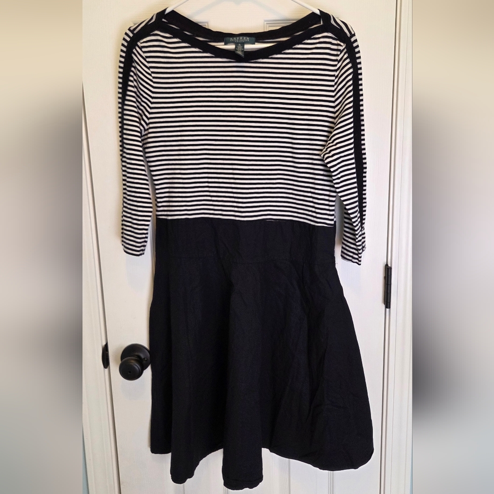 Lauren Ralph Lauren Black White Stripe 3/4 Sleeve Dress, Size Large Petite